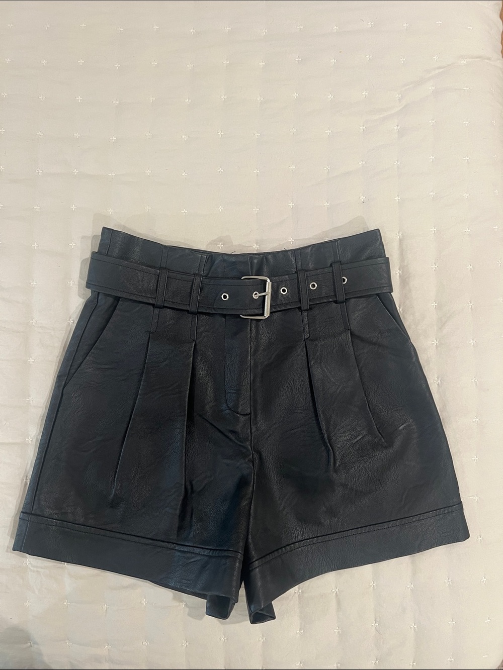 Topshop Black High-Waist Faux Leather Belted Shorts